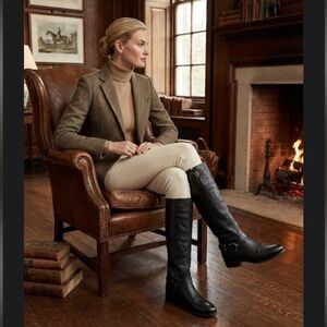 Lauren Ralph Lauren McLeod Black Pebbled Leather Riding Boots Harness Buckle 6B